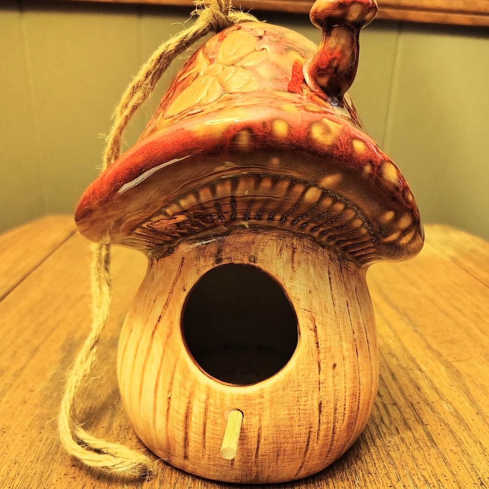 Handcrafted Ceramic Mushroom Birdhouse - Red Cap